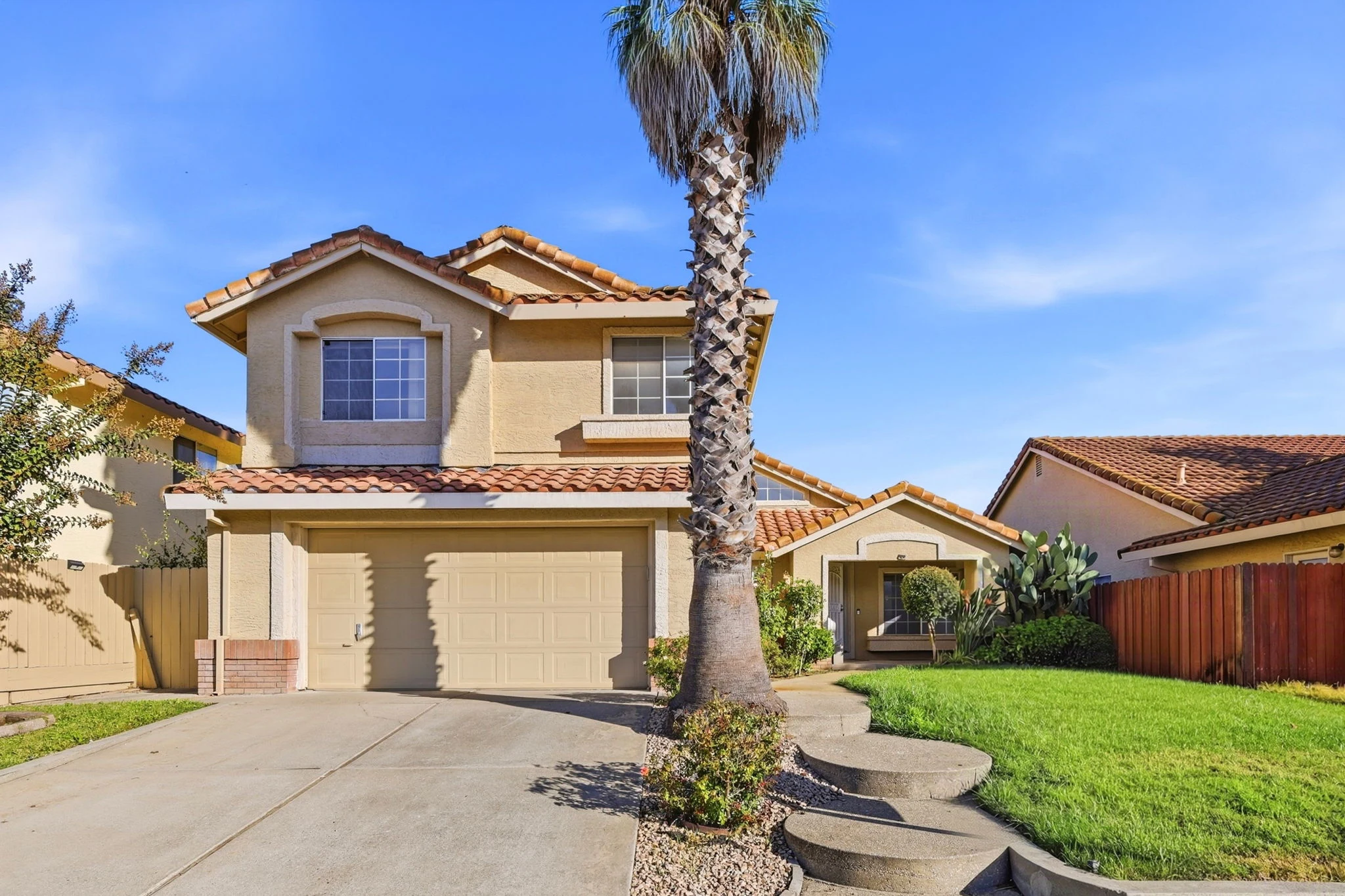 Front exterior, palm tree and stone entrance steps